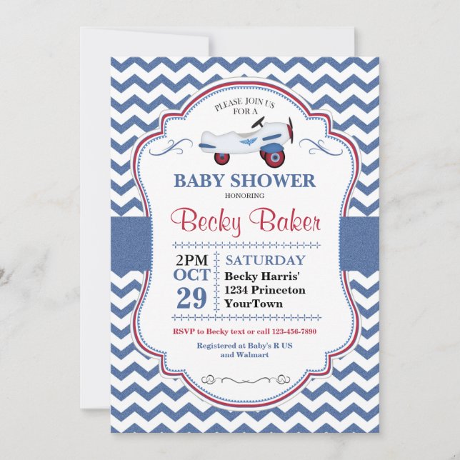 Invitación a Baby Shower del avión de juguetes de  (Anverso)