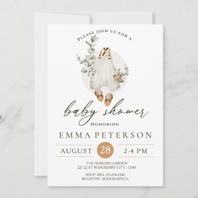 Invitación a Baby Shower del bebe boho Little Romp (Anverso)