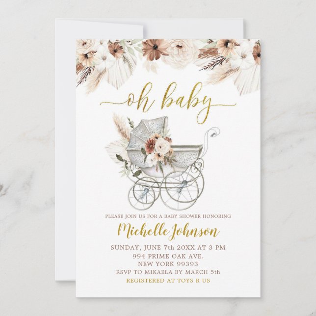 Invitación a Baby Shower del Boho Beige Floral Str (Anverso)