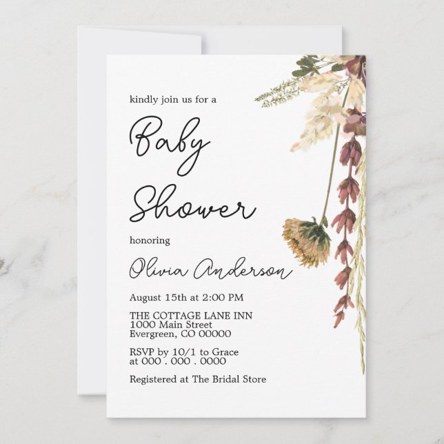 Invitación a Baby Shower del Boho de Flores Rústic (Anverso)