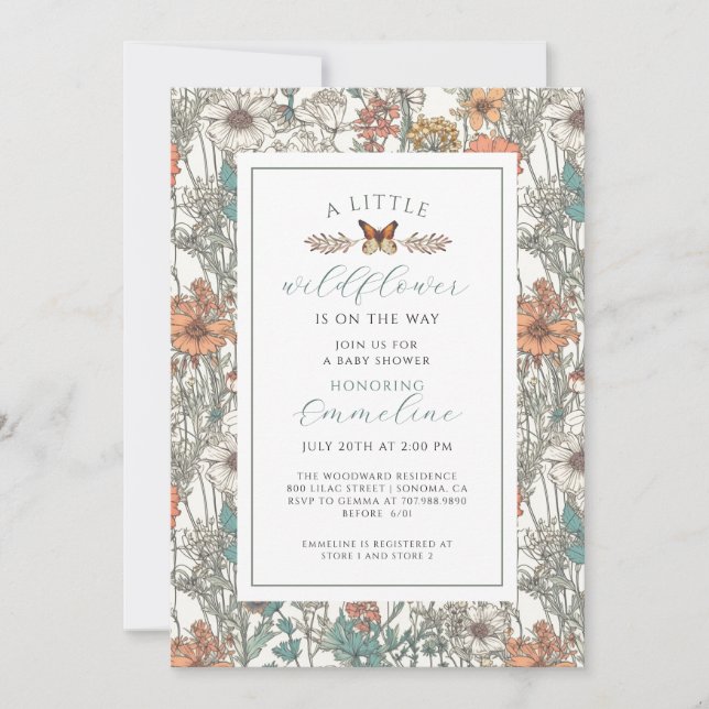 Invitación a Baby Shower del Boho Little Wildflowe (Anverso)