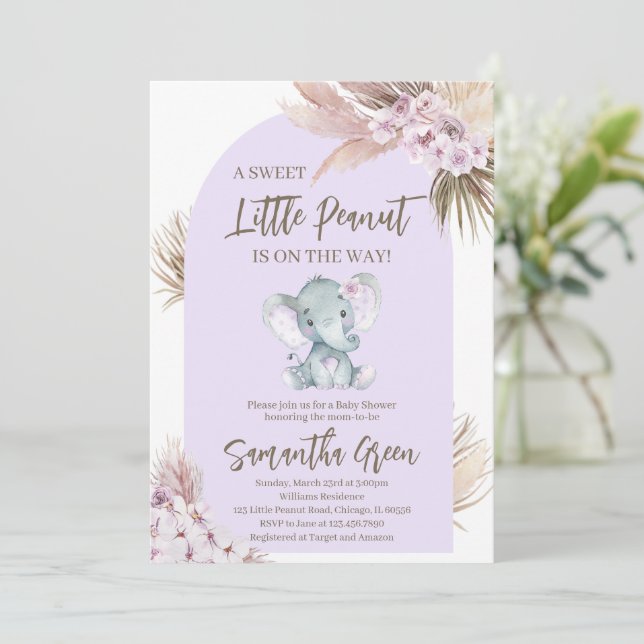 Invitación a Baby Shower del Boho Purple Elephant (Anverso de pie)