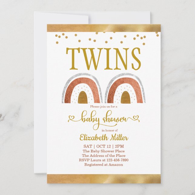 Invitación a Baby Shower del Boho Rainbow Gold Twi (Anverso)