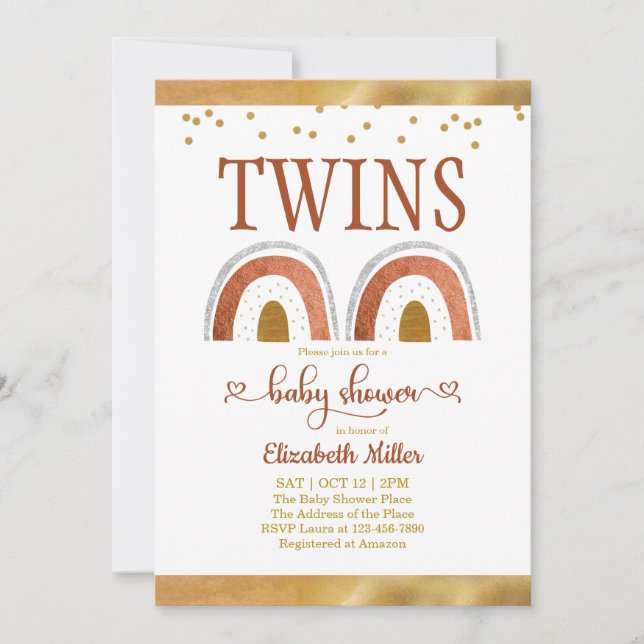 Invitación a Baby Shower del Boho Rainbow Gold Twi (Anverso)