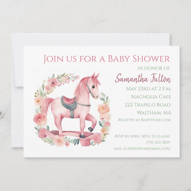 Invitación a Baby Shower del caballo rosado chica (Anverso)