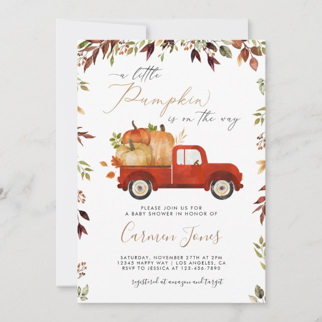 Invitación a Baby Shower del camión de calabaza ro (Anverso)