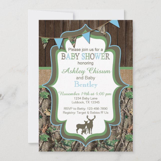 Invitación a Baby Shower del Camo Verde Azul (Anverso)