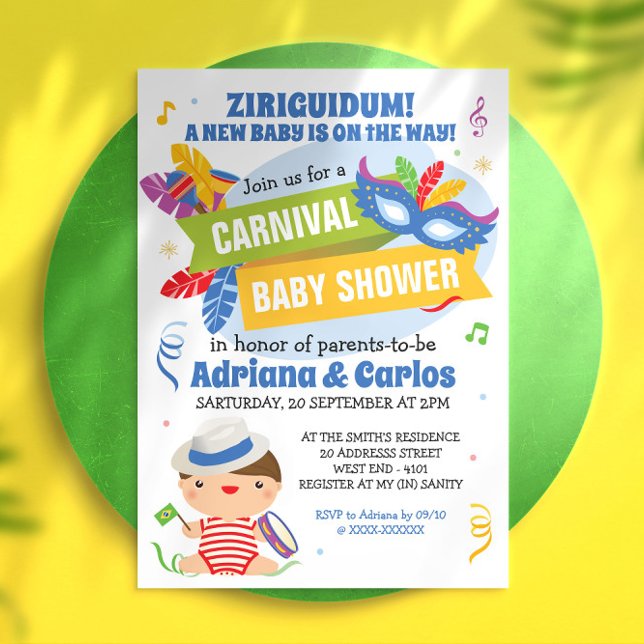 Invitación a Baby Shower del Carnaval de Brasil ( Start your baby shower with this super colorful and full of Ziriguidum invitation.)