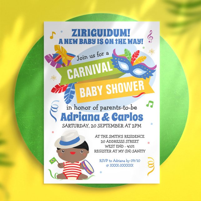 Invitación a Baby Shower del Carnaval de Brasil ( Start your baby shower with this super colorful and full of Ziriguidum invitation.)