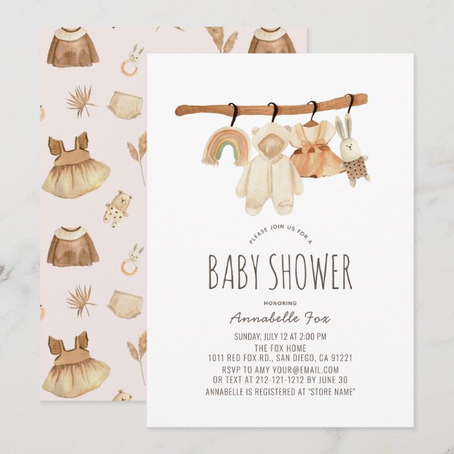 Invitación a Baby Shower del Chica Boho Clotheslin (Anverso / Reverso)