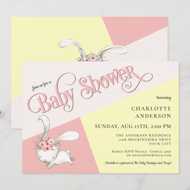 Invitación a Baby Shower del Chica Bunny Cute Past (Anverso / Reverso)