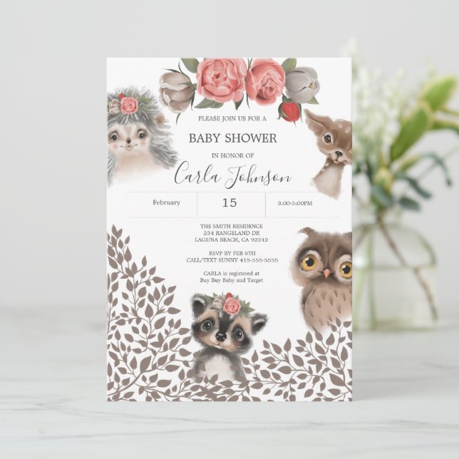 Invitación a Baby Shower del Chica de Animales de  (Anverso de pie)
