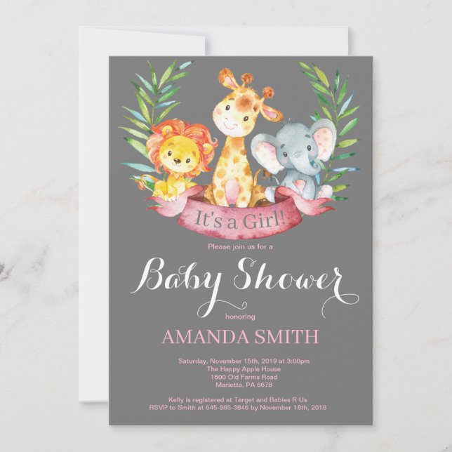 Invitación a Baby Shower del Chica de animales de  (Anverso)