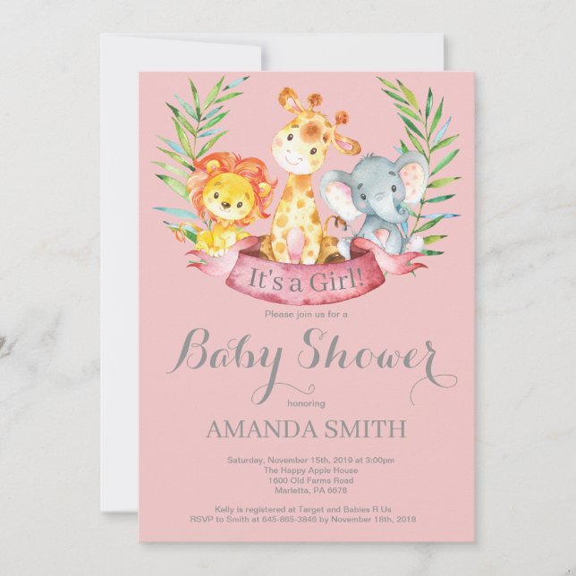 Invitación a Baby Shower del Chica de animales de  (Anverso)