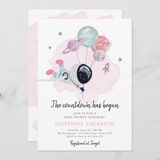 Invitación a Baby Shower del Chica de astronautas  (Anverso / Reverso)
