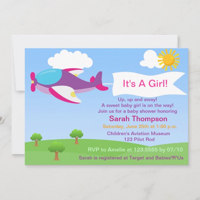 Invitación a Baby Shower del Chica de avión de Cut (Anverso)