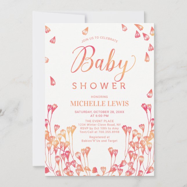 Invitación a Baby Shower del Chica de caída floral (Anverso)