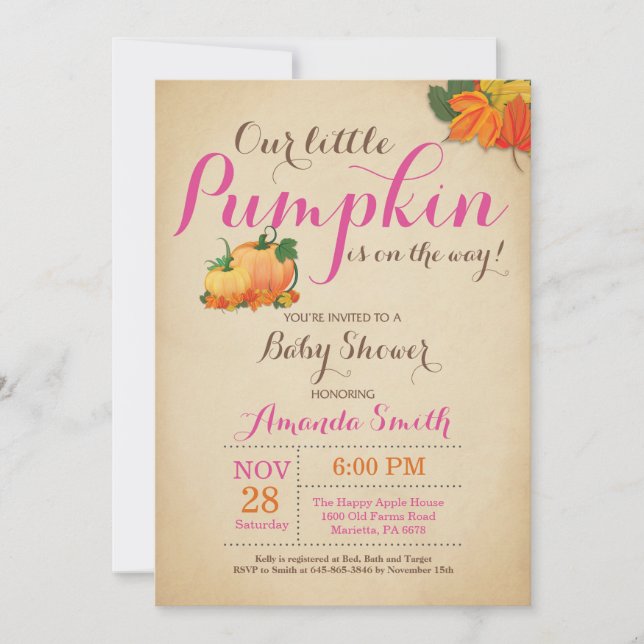 Invitación a Baby Shower del Chica de calabaza oto (Anverso)