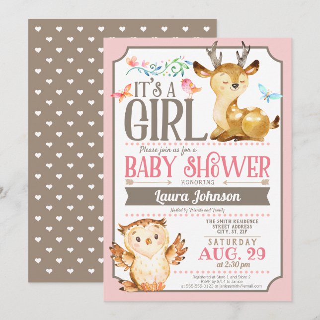 Invitación a Baby Shower del Chica de ciervos y le (Anverso / Reverso)