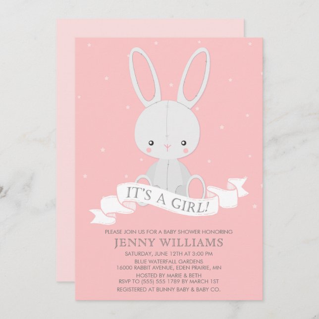 Invitación a Baby Shower del Chica de conejo conej (Anverso / Reverso)