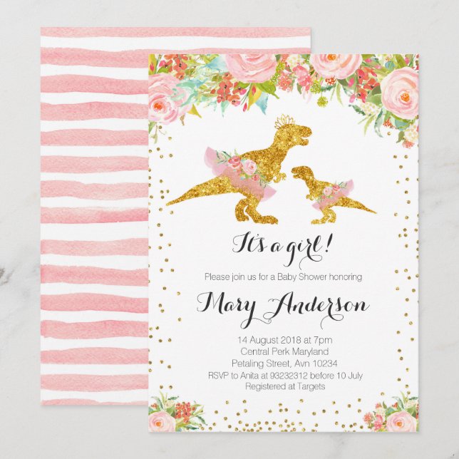 Invitación a Baby Shower del Chica de Dino Oro Ros (Anverso / Reverso)