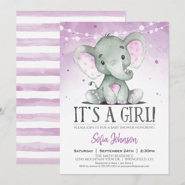 Invitación a Baby Shower del Chica de Elefante Púr (Anverso / Reverso)
