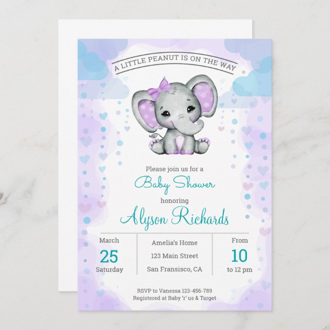 Invitación a Baby Shower del chica de elefantes mo (Anverso / Reverso)