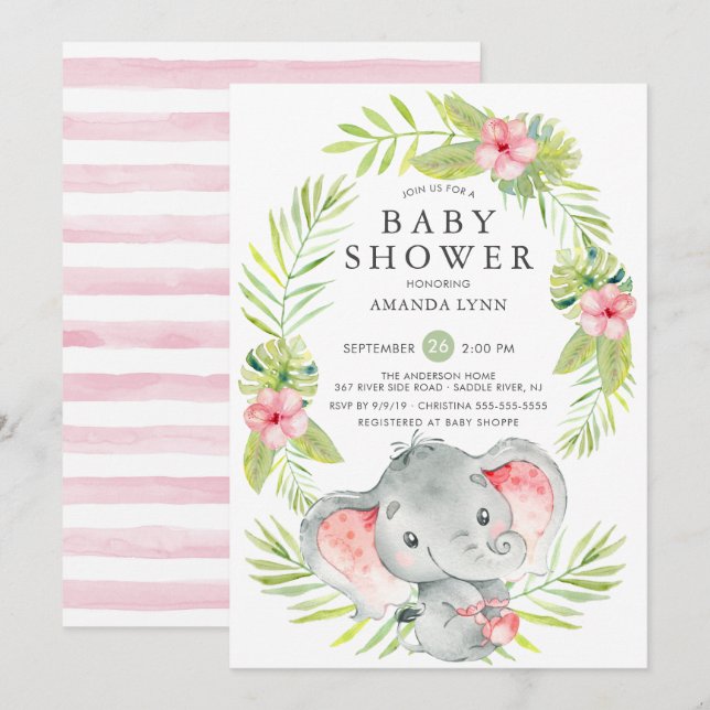 Invitación a Baby Shower del Chica de elefantes ro (Anverso / Reverso)