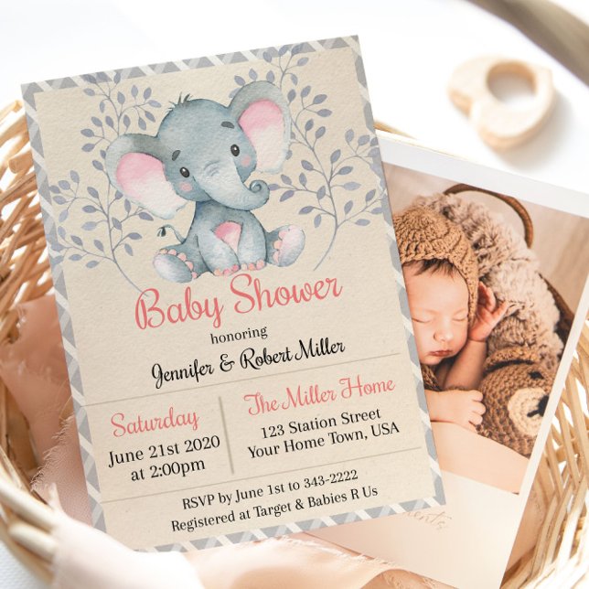 Invitación a Baby Shower del Chica de elefantes ro (Subido por el creador)