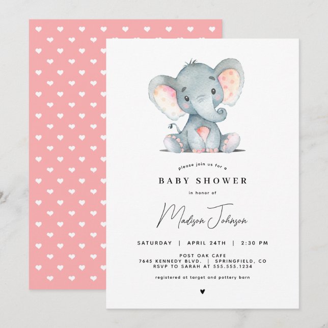 Invitación a Baby Shower del Chica de elefantes ro (Anverso / Reverso)