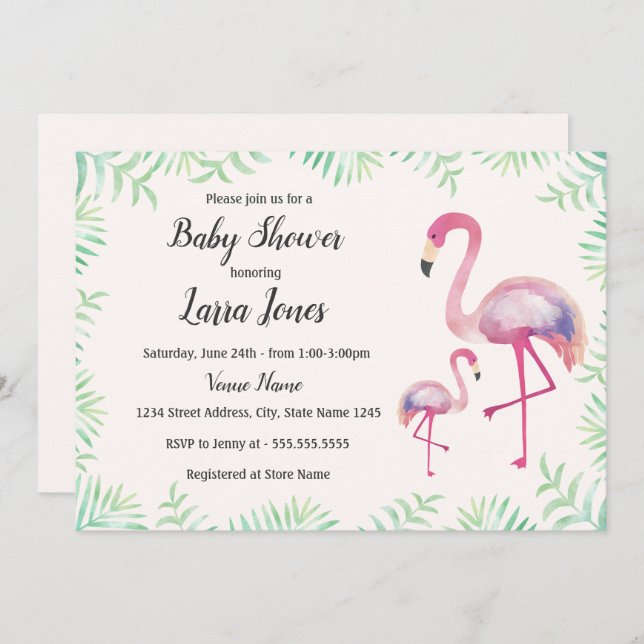 Invitación a Baby Shower del Chica de flamenco ros (Anverso / Reverso)
