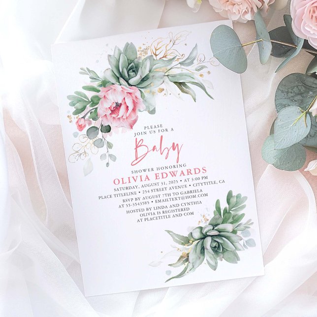 Invitación a Baby Shower del Chica de Flores Rosa  (Pink Flowers and Succulents Baby Shower Invitations)