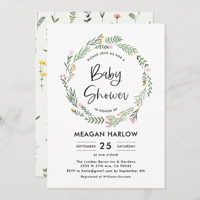 Invitación a Baby Shower del Chica de flores silve (Anverso / Reverso)