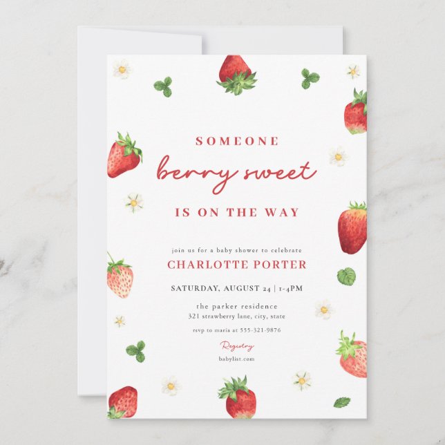 Invitación a Baby Shower del Chica de fresa Berry  (Anverso)