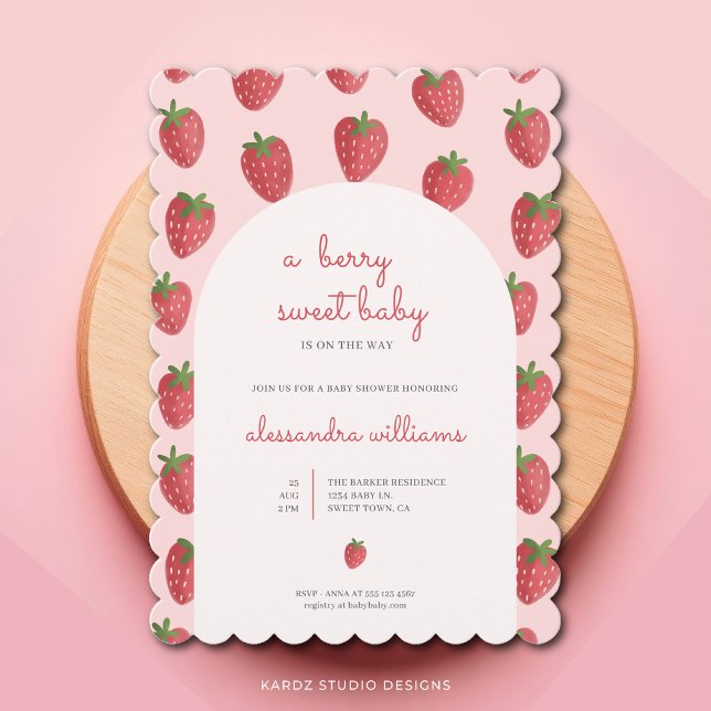 Invitación a Baby Shower del Chica de fresa Berry  (Berry Sweet Baby, strawberry baby shower invitation with a beautiful script, clean and elegant look)