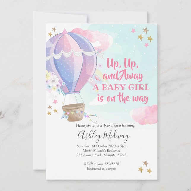 Invitación a Baby Shower del Chica de globos aeros (Anverso)