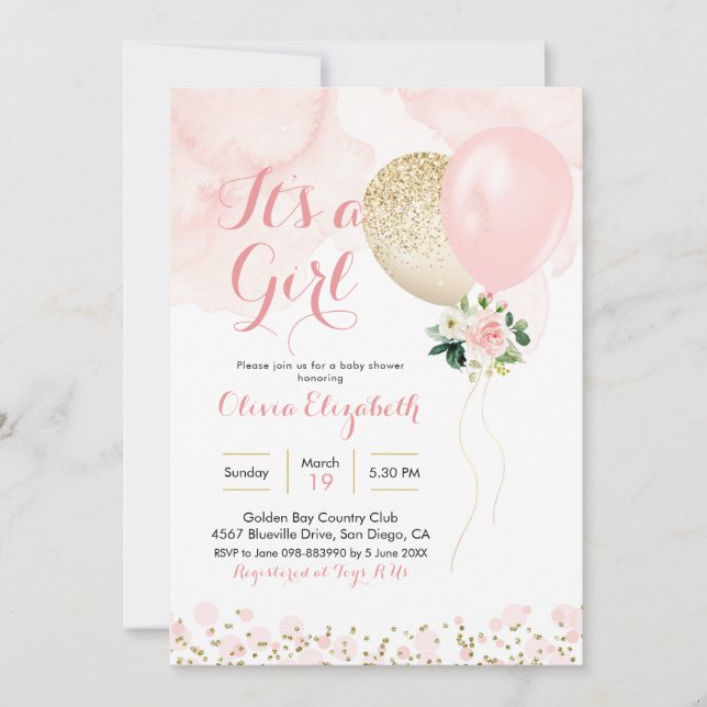 Invitación a Baby Shower del Chica de globos rosad (Anverso)