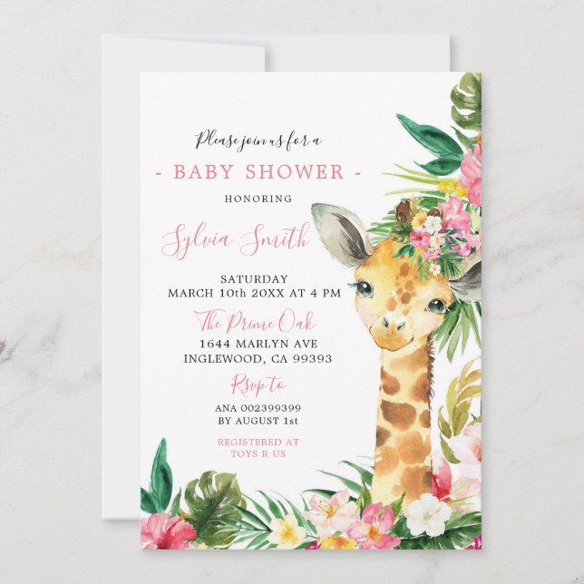 Invitación a Baby Shower del Chica de la jirafa tr (Anverso)