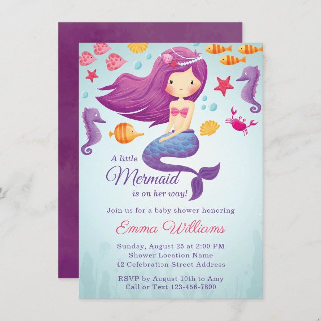 Invitación a Baby Shower del Chica de la sirena cu (Anverso / Reverso)