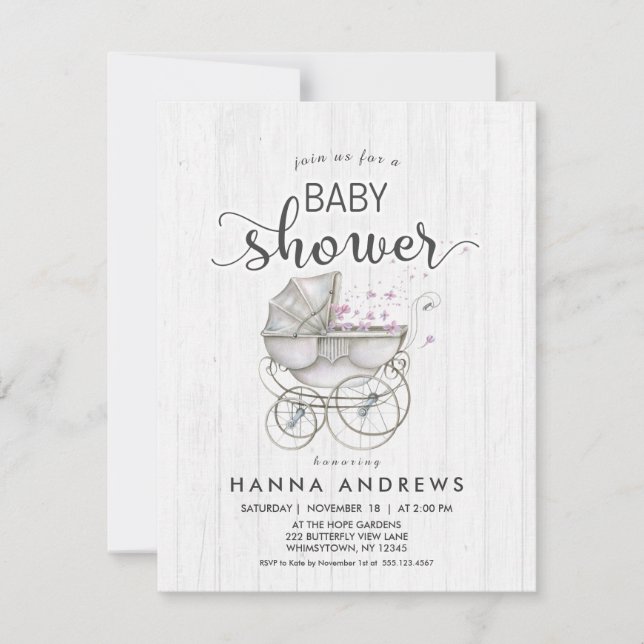 Invitación a Baby Shower del Chica de madera blanc (Anverso)