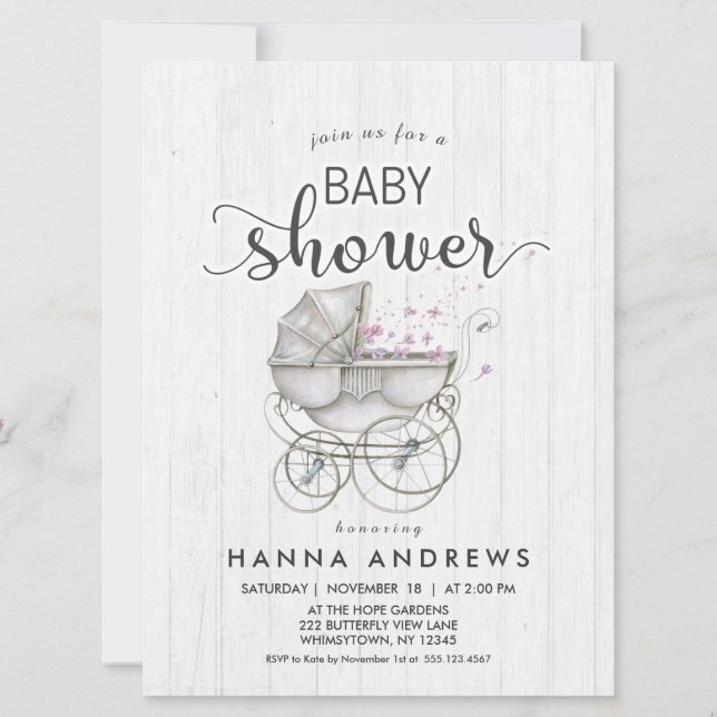 Invitación a Baby Shower del Chica de madera blanc (Anverso)