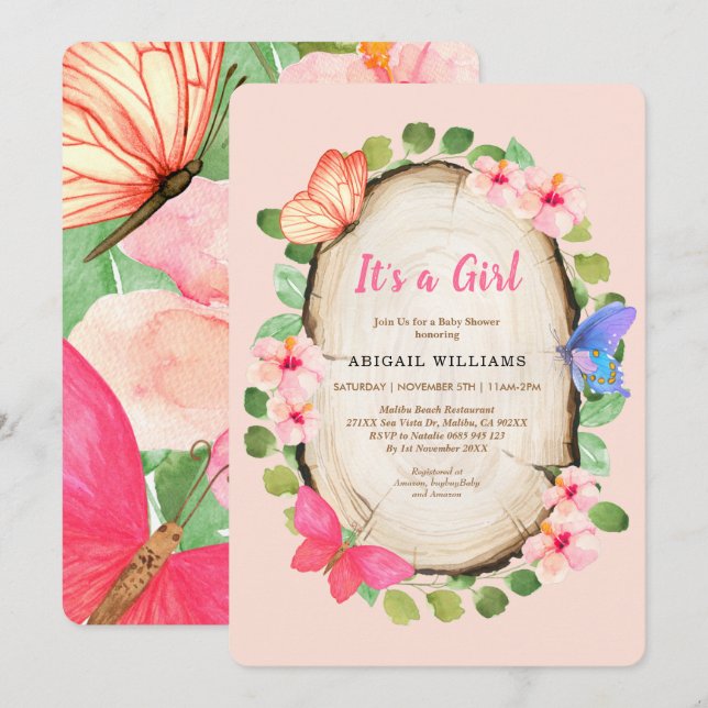 Invitación a Baby Shower del Chica de mariposa de  (Anverso / Reverso)