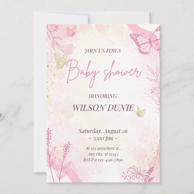 Invitación a Baby Shower del Chica de mariposa flo (Anverso)