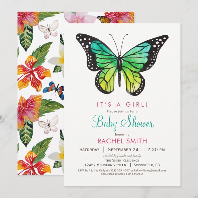 Invitación a Baby Shower del Chica de mariposa tro (Anverso / Reverso)