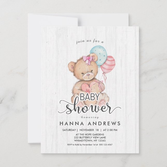 Invitación a Baby Shower del Chica de Oso de Teddy (Anverso)