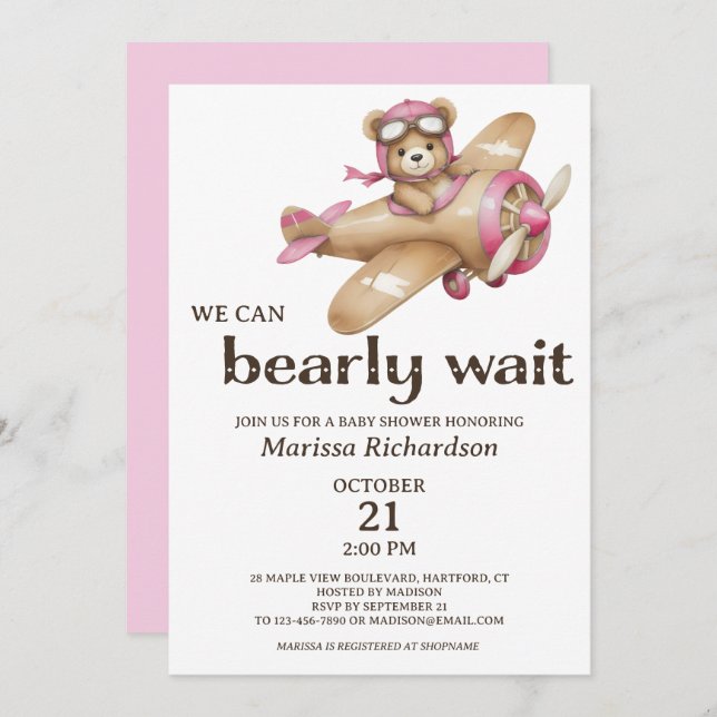 Invitación a Baby Shower del Chica de Oso Rosa Ted (Anverso / Reverso)