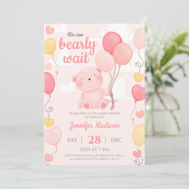 Invitación a Baby Shower del Chica de Oso Rosa Ted (Anverso de pie)