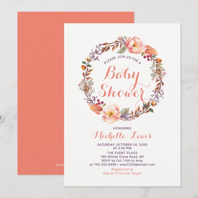 Invitación a Baby Shower del Chica de otoño floral (Anverso / Reverso)