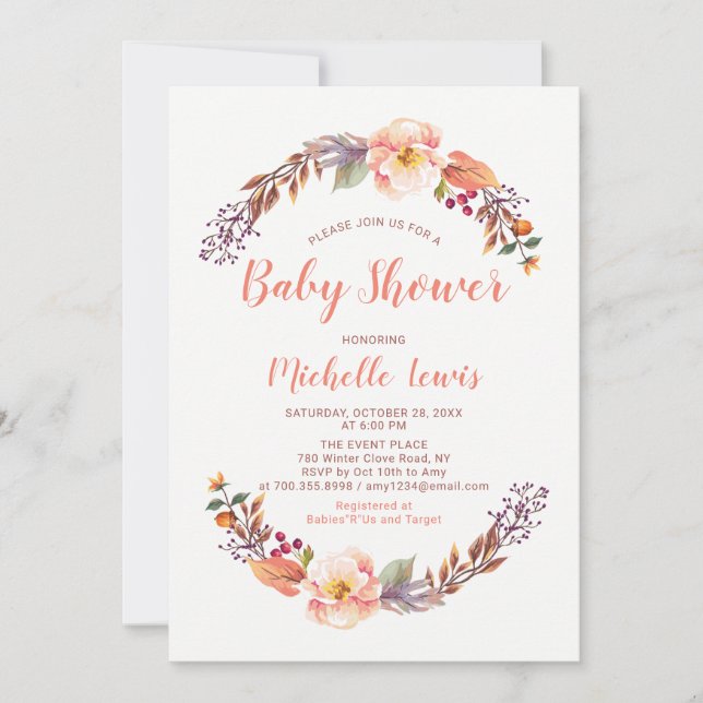 Invitación a Baby Shower del Chica de otoño floral (Anverso)