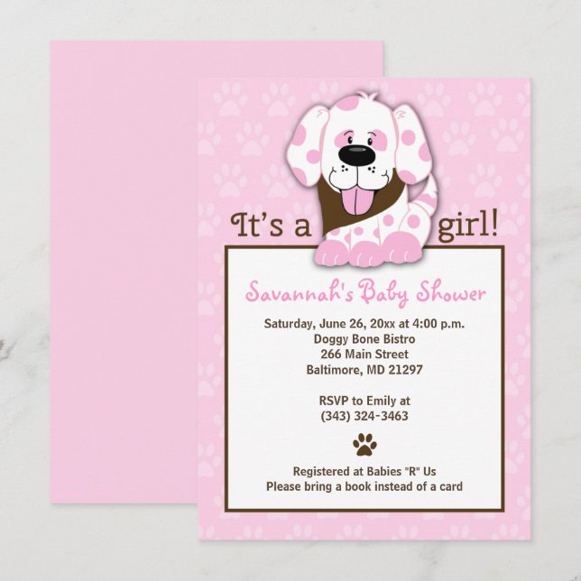 Invitación a Baby Shower del Chica de Perro Cachor (Anverso / Reverso)